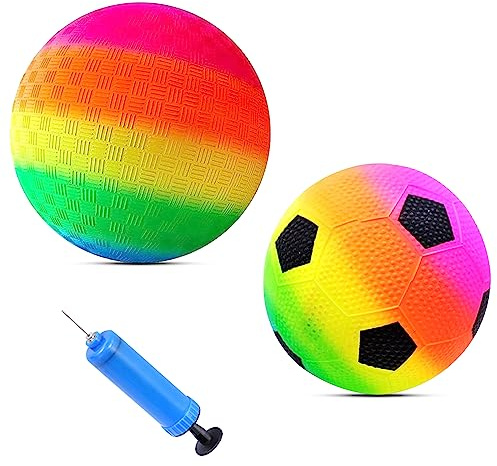 LETTERASHQP Regnbågsbollar inflation, barnlekboll, regnbåge PVC mjuk boll för barn, lekboll för inomhus, utomhus, kickboll – 1 regnbågsboll, 1 regnbågsfotboll och 1 pump