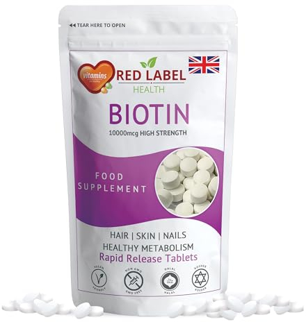 Red Label Health Biotin 10000mcg Tablets for Thick Hair, Skin Radiance & Nail Strength High Potency Supplement for Men & Women, 365 Tablets (1 Year Supply) D-Biotin Boosts Energy & Overall Wellness