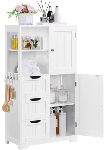 Yaheetech Mobile da Bagno Bianco Mobiletto da Terra con 3 Cassetti e Armadietto Mobile con Ganci Portaoggetti Armadietto Moderno 60 x 30 x 107 cm