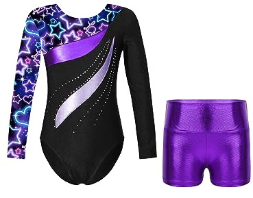 iEFiEL Mädchen Turnanzug Langarm Gymnastik Trikotanzug Glänzende Turnen Set Klassisch Gymnastikanzug Kinder Tanzbody Xc Neonschwarz 122-128