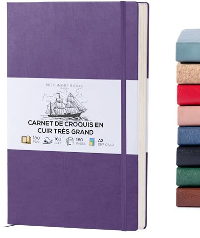 BEECHMORE BOOKS Quaderno da disegno A3 (29,7 x 42 cm) – 160 pagine, 160 g/m² | Copertina rigida in similpelle, sketchbook bianco, confezione regalo, pagine perforate, tasca posteriore, segnalibro
