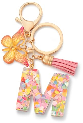 CHUQING Schlüsselanhänger Buchstabe Mädchen Schlüsselanhänger Schmetterling mit Anfangsbuchstabe für Frauen Rosa M
