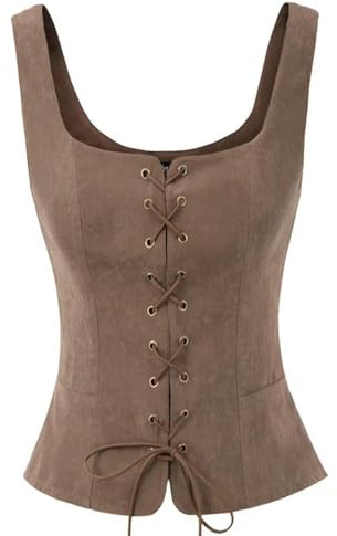 KWTF Gilet Vintage en Faux Daim pour Femmes, col carré, Dos en U, à Lacets sur Le Devant, Manteau, Costume de Cosplay Renaissance, Corsage Paysan