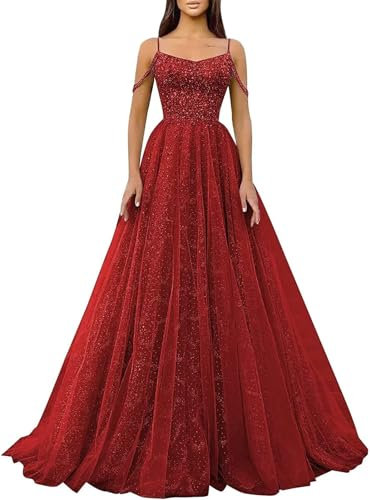 Generic Glitzernde Pailletten-Abschlussballkleider SpaghettiträGer Glitzer-TüLl,Formelle Ballkleider Schulterfreies A-Linien-Partykleid FüR Frauen Burgundy L