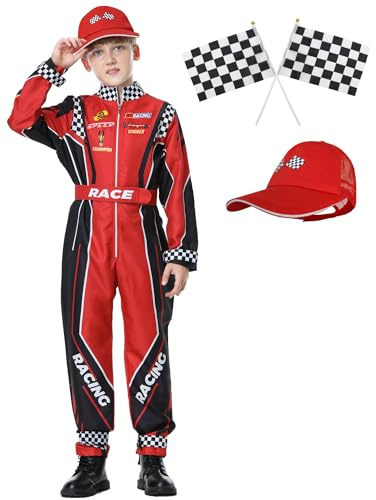 KUKIKUKI Disfraz de Conductor de Coche de Carreras para Niños Mono de Carrero con Gorra de Coche para Niños Disfraz para Halloween (Rojo, 110)