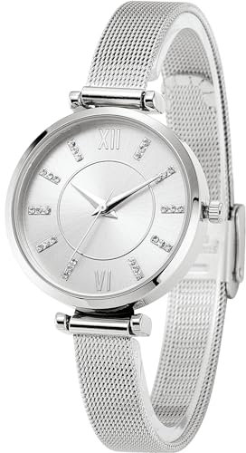 NUOVO Silberne Uhr mit Kristalldiamant, doppelte Sicherheitsschnalle Mesh Armband, modisches und Elegantes Uhrenarmband