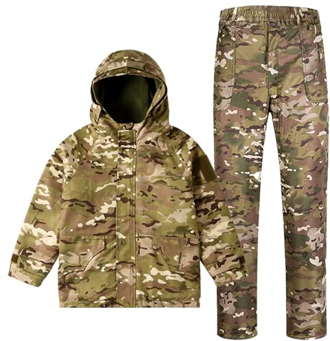 QIYUANT Kinder Outdoor Taktische Kleidung Tarnjacke & Hosen Sets Fleece Gefüttert Airsoft Militär Camouflage Winter Kampf Wandern Jagd Camping für Junge Mädchen