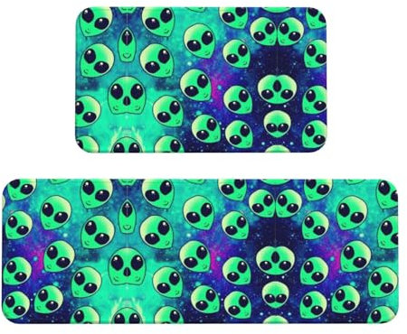 Green Aliens Küchenmatten für den Boden, Set mit 2 Anti-Ermüdungsmatten für Küche, Boden, rechteckige Teppiche