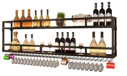Scaffale industriale da parete in metallo con supporto per bicchieri, perfetto per bottiglie di liquore e bicchieri da vino, ideale per casa, bar, sala da pranzo, elegante finitura nera, 150 x 25 x 54