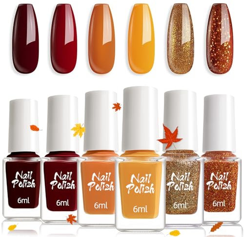 DMQ Nail Polish Sets - 6 Colors Autumn Winter Gold Glitter Red Nail Polish Orange Yellow Nail Varnish Kit, Quick Dry Long Lasting Brown Nail Gel Polish Nail Art Manicure DIY Gifts for Women