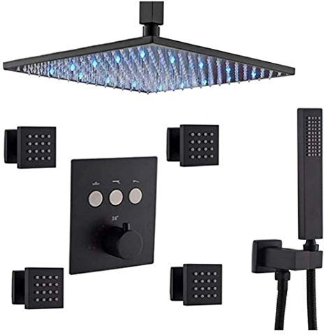 sjdoPulse Thermostatisches Duschdüsensystem Aus Messing In Mattschwarz Mit 10-12 Zoll Led-Regenduschkopf Und Handbrause Für Die Deckenmontage Im Badezimmer,Luxus-Duschset,12 Zoll,12 Inch