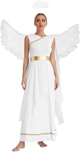 Miutii Engel Kleid Damen Engelskostüm mit Engelsflügel Heiligenschein Weihnachtsengel Kleid Maxikleid Halloween Karneval Fasching Partykleid A Weiß XL