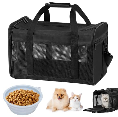 WANDGU Trasportino per gatti pieghevole: borsa per gatti traspirante con ciotola per acqua portatile, pieghevole, trasportino per cani con tracolla, 42 x 27 x 28 cm