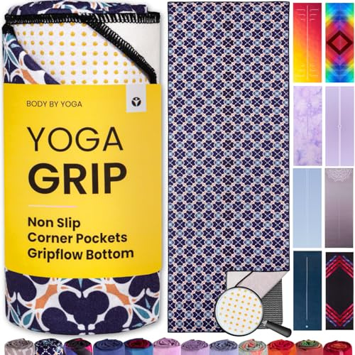 Yoga Grip Yoga Towel - Non Slip Hot Yoga Mat Towel With Corner Pockets, No-Skid Grip, and Built-in Alignment Lines | Soft, Moisture Wicking, and Sweat Absorbent | No Bunching, Stays in Place 72 x 25