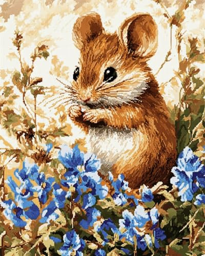 N.LANSHAN Diy Knüpfteppich Zum Selber Knüpfen Knüpfkissen-Set Mit Maus Und Blumen，Fantasietiere，Diy-Teppich-Set Für Anfänger，Gobelin-Set，Stickset，Teppich，Fußmatte，Geschenk 80x115cm