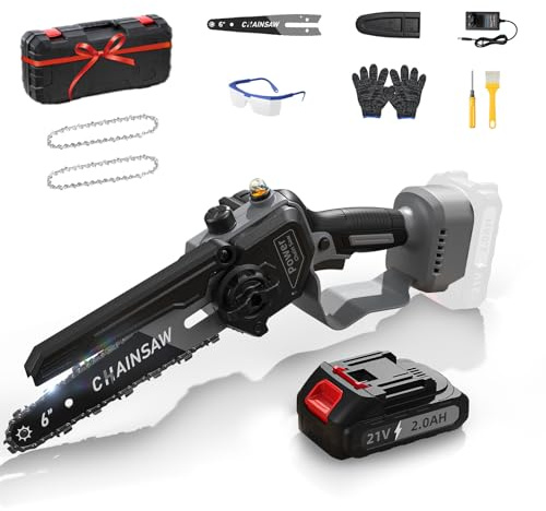 Mini Kettensäge mit Akku 1 * 2000mAh, Akku Kettensäge 6 Zoll, Bürstenlose Akku Säge mit Automatischer Öler & Werkzeugloser Kettenspannung, Handkettensäge für Gartenscheren Astschere Holzschneidenz