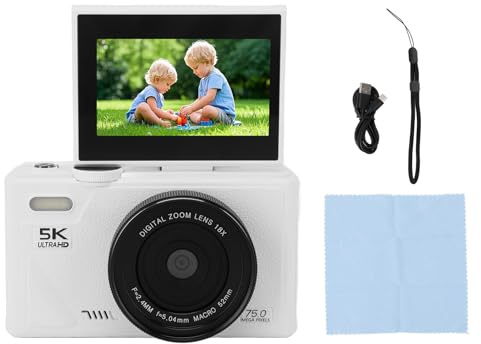 Cámara Digital de 5K para el Enfoque Automático de Fotografía, Cámara de Vlogging de 75MP con Pantalla de Flip de 3 Pulgadas de 180 °, 18x Anti-Shake 5K Compact Camera (White)