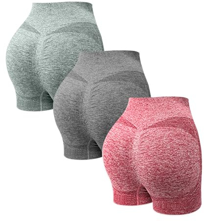 YCBMINGCAN Pack de 3 pantalones cortos de deporte para mujer, pantalones cortos de deporte para mujer, pantalones cortos de verano, sin costuras, entrenamiento, scrunch, botines de cintura alta