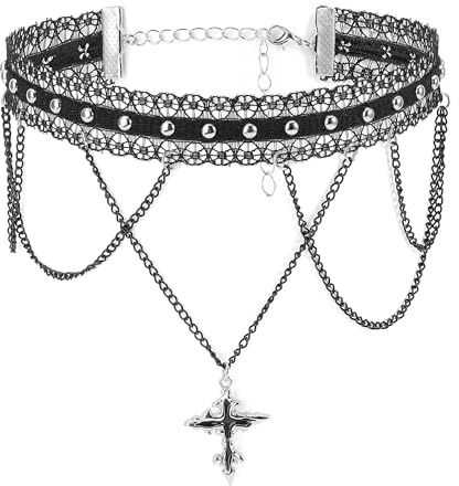 Faletony Damen Choker Halskette Spitze Gothic Choker Kette mit Kreuz Anhänger Halloween Weihnachten Neujahr Goth Schmuck Geschenk für Frauen und Mädchen