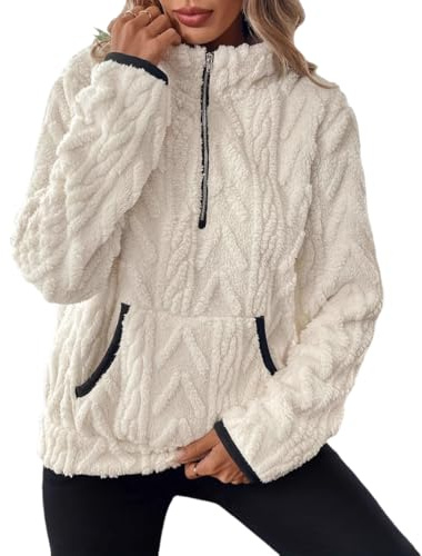 ROFUSSO Felpa Morbida da Donna Maglia Invernale in Pile a Maniche Lunghe Felpa Casual Invernale Maglione Caldo in Sherpa con Tasche(Bianco,XL)