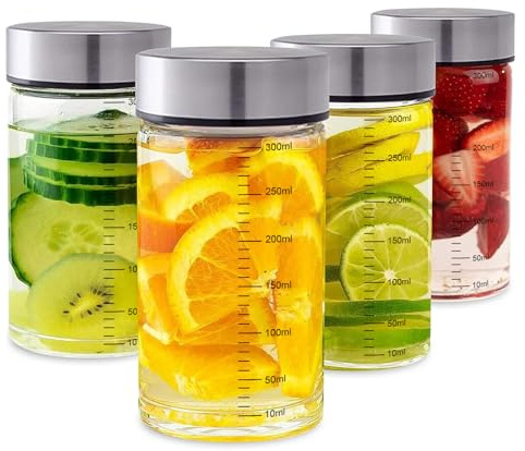 4pc Glasflaschen mit Edelstahl Deckel - Smoothie Gläser Sets 300ml, Borosilikatglas Saftflaschen zum Befüllen mit Skala, Wiederverwendbar, BPA-frei, Smoothie becher to go für Säfte, Smoothies Milch