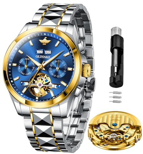 OLEVS Blue Watch for Male Skeleton Business Luxury Tourbillon Wrist Watches Blue Calendar Stainless Steel Waterproof Wrist Watches Men