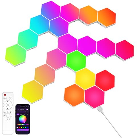 Hexagon - Pannello LED RGB 20 pezzi Smart Lights esagonali da parete con musica e controllo app, pannelli luminosi per sala giochi, soggiorno, camera da letto, club e decorazioni per feste