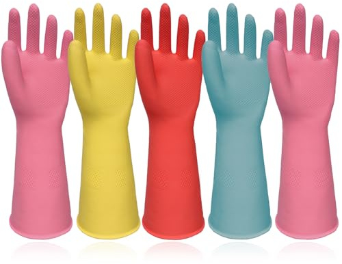 Washing Up Gloves 5 Pairs Heavy Duty Household Rubber Cleaning Gloves Small | Multi-Color Task Sorting Natural Rubber Non-Slip Grip Waterproof Dishwashing Glove for Kitchen Bathroom