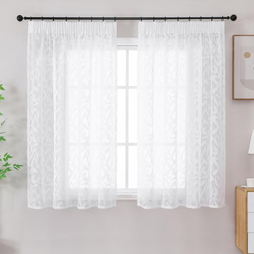 Simplebrand Leah Weiß Lichtdurchlässig Clip Jacquard Voile Ausbrenner Gardine mit Blätter Muster transparenter Vorhang mit Kräuselband Küche Gardinenschals B140xH137cm 2 St