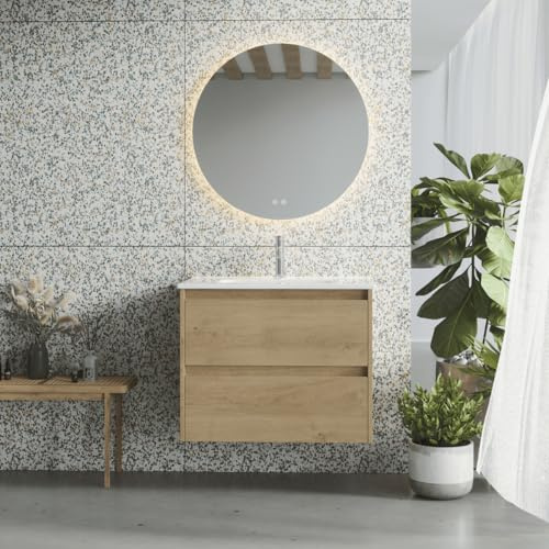 Mueble de Baño Suspendido Fondo Reducido con Lavabo Cerámico| Mueble Volado 2 Cajones | 80 cm Roble Natural