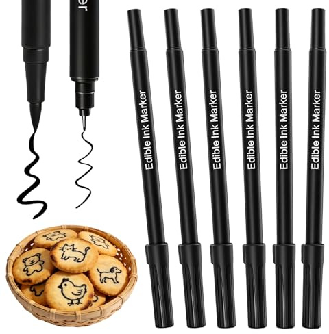 Edible Markers for Cookie Decorating - 6PCS Black Double Sided Food Coloring Pen with Fine and Thick Tip, Food Grade Marker Pens for Fondant, Cakes, Frosting, Baking, Easter Eggs Decorating