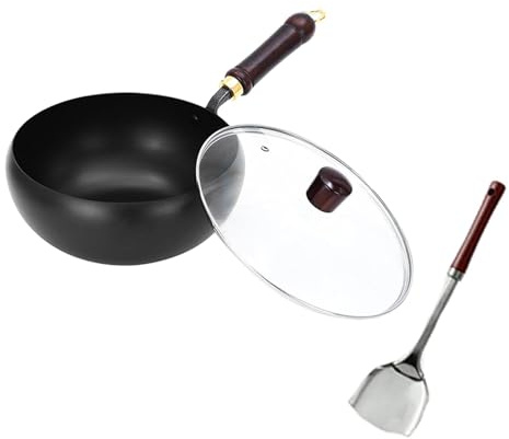 TREWQ Sartén japonesa de hierro sin revestir, sartenes para freír con base lisa de 10,23 pulgadas, antiadherente, wok de hierro forjado a mano con tapa, resistente y libre de óxido 26cm