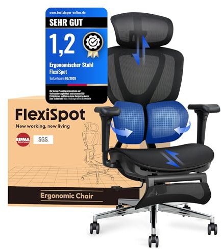 FLEXISPOT Ergonomischer Bürostuhl mit Dual-Wing-Lendenstütze, 3D-Kopfstütze & Armlehnen, Verstellbarer Sitztiefe, Rückenlehne, & ausziehbarer Fußstütze, Arbeitsstuhl für Büro & Home Office (Schwarz)