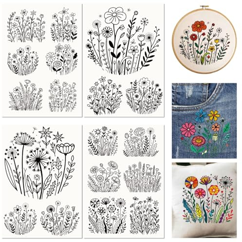 PRESSINART 18Pcs Fleurs Broderie Papier Modèles Solubles dans l'eau Stick and Stitch pour Broderie à La Main Stabilisateur Transfert Lavable Idéal pour Débutants 11,7 x 8,3 Pouces pour Créations