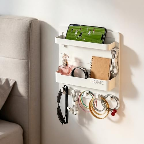 JINGIHE Mensola da comodino a parete, doppio vassoio da bagno, installazione senza chiodi, organizer per letto, organizer per telefono, chiavi, occhiali, articoli da toeletta, telecomando (bianco)