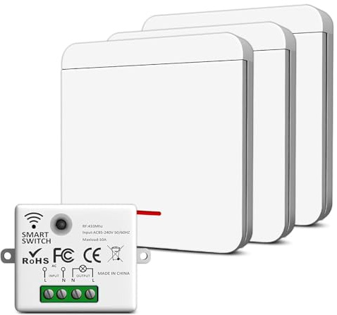 Funk Lichtschalter 230V Set mit Empfänger und Sender, kabelloser Funkschalter für Lampen & Geräte bis 1500W, einfache Installation, starke Signalübertragung, Multi-Control(3 Way Kit)