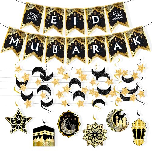 8 Stück Eid Mubarak Dekoration, Eid Mubarak Banner Hängende Wirbel mit Stern Mond Girlande, Ramadan Dekorationen Set für Islam Muslimischer Ramadan Partydekorationen