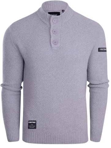 Firetrap Mens 3 Button Funnel Neck Jumper Pullover Winter Sweaters Cotton Blend Jumpers Quarter Half Button Men Top Jumoers Designer Smart Top Knitted Knitwear Sweatshirt Jumpers for Men Grey L