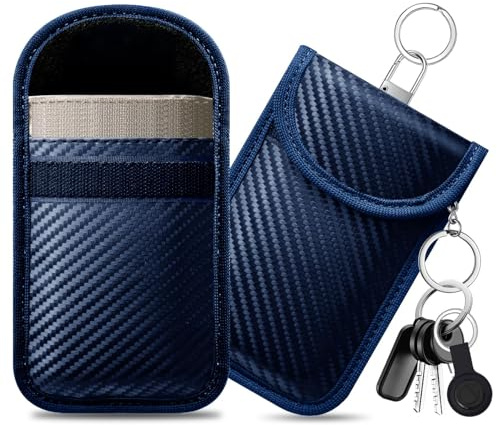 caslord 2 Borse Keyless Go Protection Chiave per Auto | Protettiva Keyless Go in Pelle | con 4 portachiavi | RFID Blocker Portachiavi | S 11.5 x 7.5 cm | Blu scuro