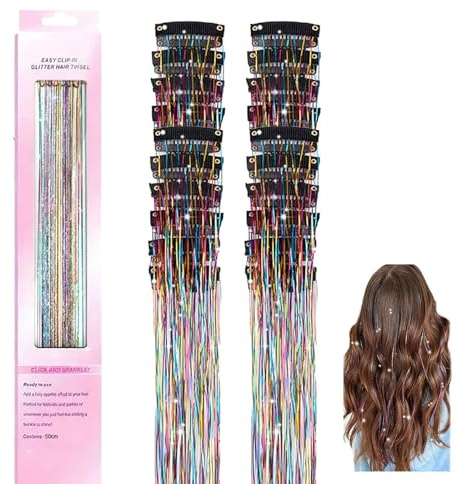 UZYXC 12 Pezzi Extension Colorate con Clip per Capelli, Ciocche Glitterate & Lametta Arcobaleno, Adatte per Intrecci e Decorazioni, per Ragazze e Donne