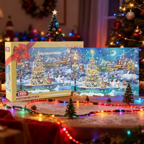 1008-Piece Christmas Puzzle - 24-Day Calendar Advent, Snow Scene with Countdown Design, Jigsaw Toy with Festive Illustration, Holiday Game Educational Fun, Winter Puzzle for Adults