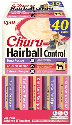 INABA Churu Hairball Control kattgodis, krämiga katter chckies med fiber, tonfisk, kyckling & lax, rik på Omega 3 & 6, utan spannmål och socker, anti-hårbollar katt, 40 x 14 g
