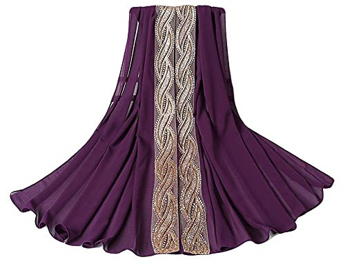 UK_Stone Damen Chiffon Einfarbig Muslimische Hijab Kopftuch Kopfbedeckung Islamischen Hijab Schal Indische Turban-Hüte Turbanmütze mit Champagner Muster, Lila