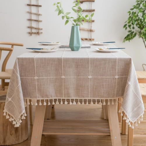 Pahajim Tischdecke Abwaschbar Baumwolle Leinen Tischdecken Rechteckig mit Quasten Tischtuch Vintage Einfache Kariert für Home Küche Speisetisch Dekoration(Beige Gitter, 140 x 180 cm)