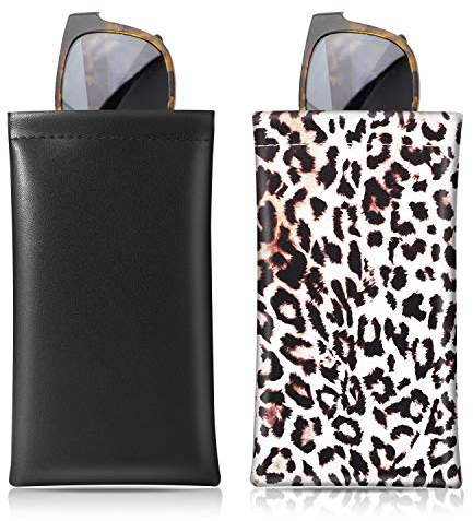 MoKo Brillenetui, 2 Stück Tragbar Sonnenbrillen Etui mit Schnappverschluss Brillentasche Weich Brillen Schutzhülle Lesebrillenetui für Damen mit Reinigungstuch - Schwarz/Leopard