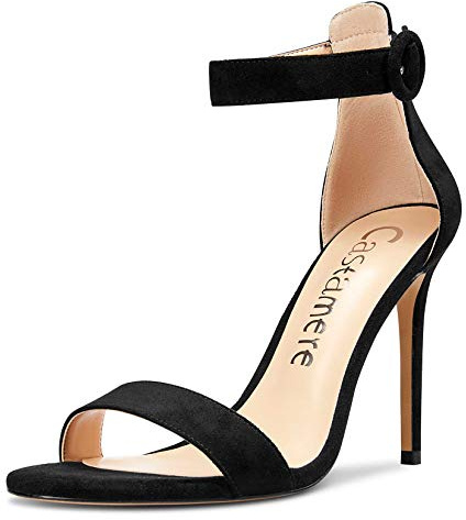 Castamere Escarpins Femme Bout Ouvert Sandales Bride Cheville Aiguille Talon 10CM Noir Suède Chaussures EU 38