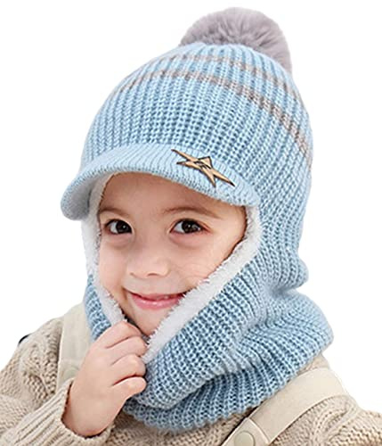 JFAN Varm vinterhatt för barn stickad fleecemössa med visir huva Earflap-hattar för flickor pojkar Mohair-ull flerfärgad mössa, Färg: blå, One Size