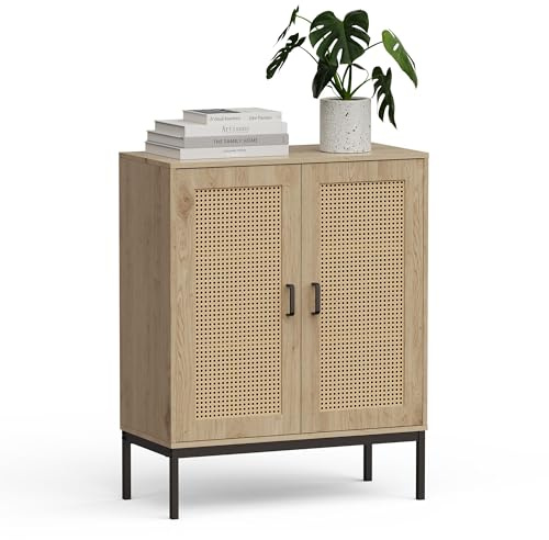 VonHaus Tall Sideboard for Living Room - Rattan Effect Hallway Cabinet with 3 Storage Shelves - Scandi Look Side Board Storage Cabinet - Light Wood Effect Side Board for Hallway - Lena