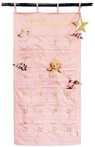 Papierdrachen Adventskalender 2025 - bestickter Stoff-Wandkalender in Rosa & Gold - mit Taschen zum Befüllen - hochwertig & wiederverwendbar