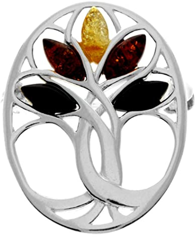 Spilla GL824 in argento Sterling 925 e vera ambra baltica, con albero della vita, GL824, Argento sterling, Ambra